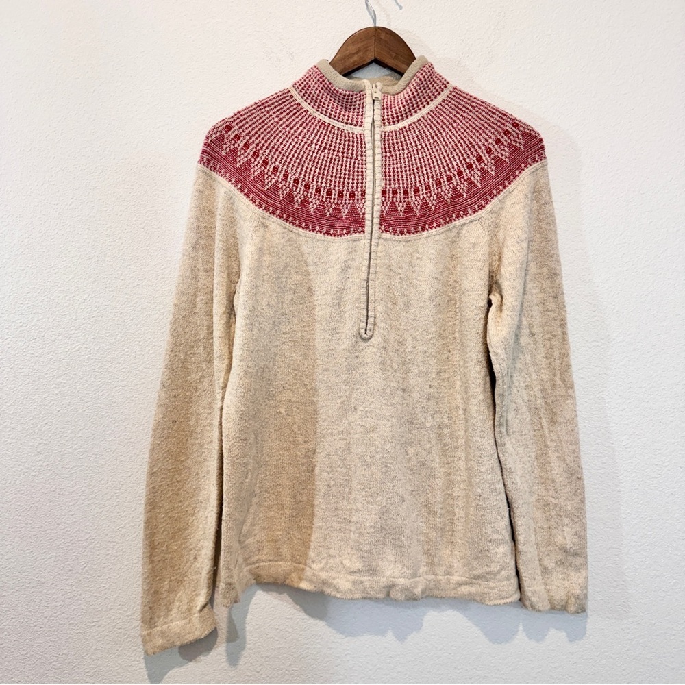 Woolrich Nordic Fair Isle Half Zip Sweater Oatmeal Red Women Cabincore Ski L